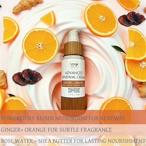 Ginger Orange Moisturizer Face Cream - With Reishi Mushroom, Arnica, Jojoba, Vitamin E, Shea Butter, Rose Water, and Arrowroot - Moisturizing, Anti Aging, and Hydrating