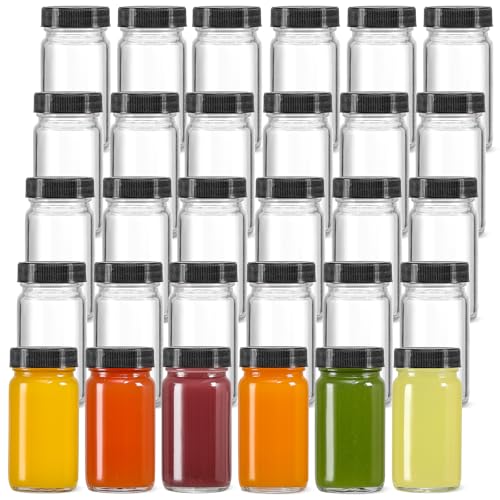 30 Pack 2 oz Glass Shot Bottles w/ Black Lids & 30 Labels - Small Clear Jar for Ginger, Wellness Shot, Juice, Sample, Whiskey - Travel Essentials Mini Bottles - Wide Mouth, Leakproof, Dishwasher Safe