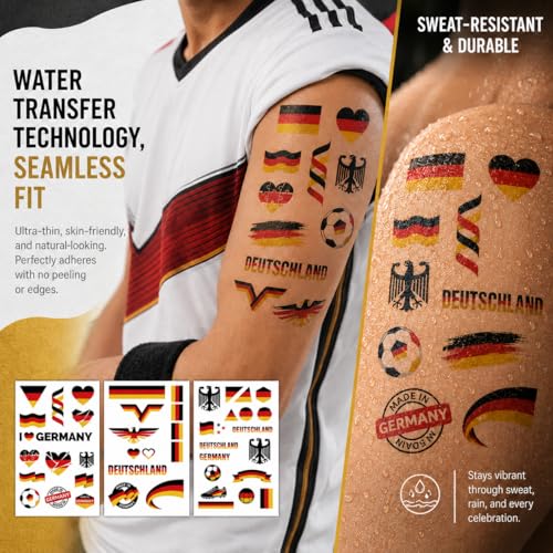 Germany Flag Temporary Tattoos for World Cup 2026 Soccer Fans - Waterproof Face & Body Stickers, Kid & Adult Party Accessories
