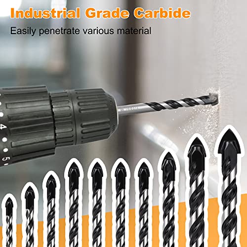 Professional Masonry Drill Bit Set (10PCS) for Glass/Brick/Plastic/Cement/Wood/Tile/Etc, Industrial Strength Carbide Drill Bit Tip, 1/8"-1/2" by TITGGI