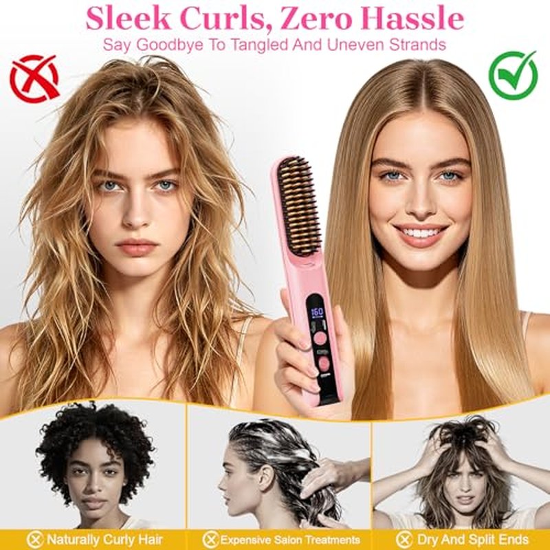 Portable 2-in-1 Cordless Hair Straightener Brush for Travel