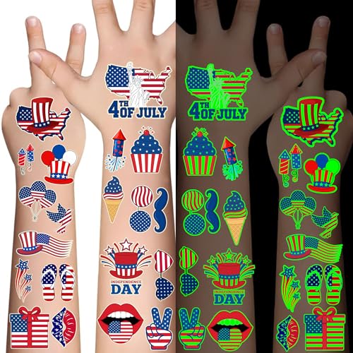 80pcs Luminous 4th of July Temporary Tattoos, Glow-in-Dark Patriotic