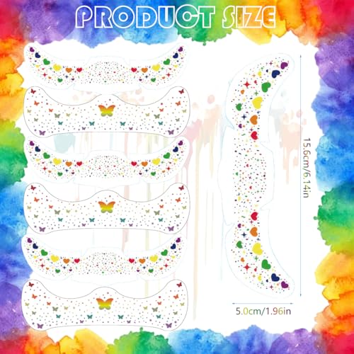 12-Sheet Pride Freckles Face Tattoos - Rainbow Heart & Butterfly