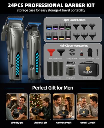 KIKIDO Cordless Professional Hair Clippers Kit with 3 Batteries & Accessories