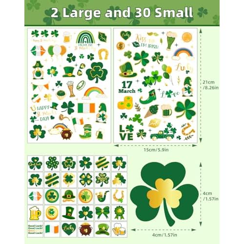 32 Sheets 100+ PCS Glitter St. Patrick's Day Shamrock Temporary Tattoos with Gold Foil Highlights, St. Patrick's Day Accessories, Party Favors, All Ages