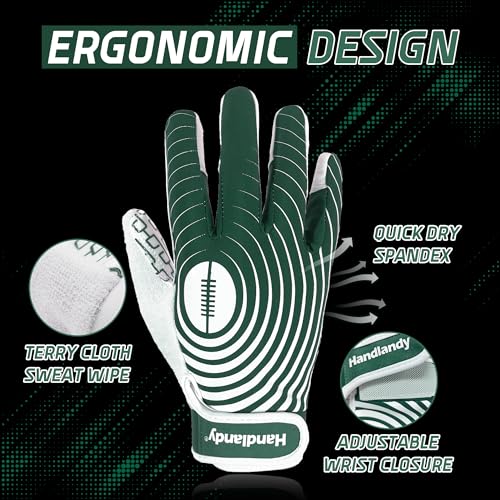 HANDLANDY Football Gloves Youth, Sticky Kids Receiver Gloves for Boys Girls, Stretch Fit Flag Football Gloves (White and Green, X-Small)