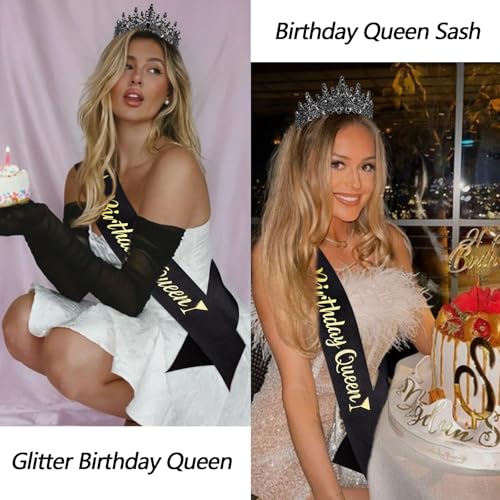 Black Birthday Queen Crown & Sash Set for Adults – CURASA Glitter Tiara and Satin Ribbon