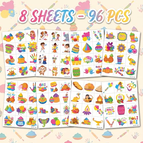 96 PCS Holi Hai Festival Temporary Tattoos for Kids