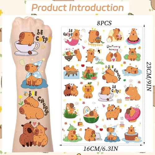 Cute Capybara Temporary Tattoos - 200+ Capybara Birthday Party Decorations Favors Supplies Funny Animals Tattoos Stickers Capy Themed Party Decor Gifts Rewards Prizes for Boys Girls