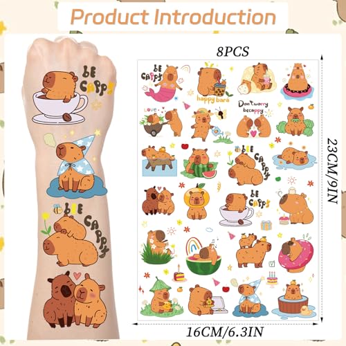 Cute Capybara Temporary Tattoos - 8 Sheets, 200+ Stickers