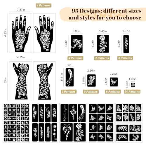 95 PCS Temporary Tattoos Stencils Kit,Temporary Tattoos Kit - 6 Pcs 3 Color(black*1,brown*4 & Red*1) Ink with 6 removal wipes,10 disposable cotton swabs DIY Body Art Painting for Women Men Adults Kids