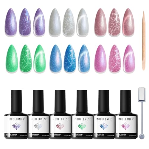 modelones Cat Eye Gel Nail Polish Set Lunar Whorl 6 Colors Glitter Manicure