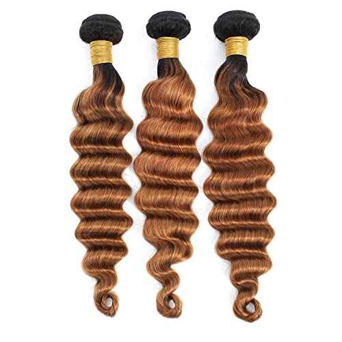 Ombre Loose Deep Wave Bundles Human Hair 1B/30 Unprocessed Brazilian Virgin Human Hair 3 Bundles Two-tone Dark Root Loose Wavy Curly Bundles For Women (T1B/30,12 14 16)