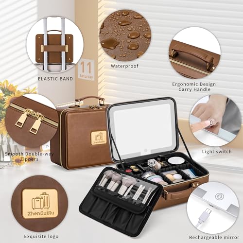 Makeup Bag with LED Mirror & Magnifier, Large Cosmetic Organizer Travel Makeup Case with Adjustable Brightness & 6 Detachable Dividers, Portable Makeup Storage for Women Girls (Brown)