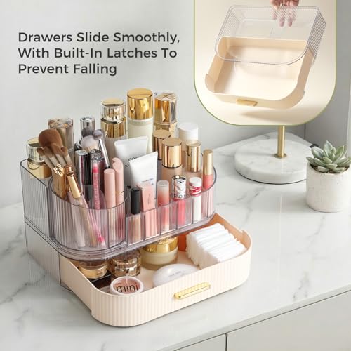 Delamu Makeup Organizer for Vanity with Stackable Drawers, 360 Rotating Makeup Brush Holder Large Cosmetic Display Case, Bathroom Skincare Storage, Elegant White, Ideal Christmas Gifts for Girls