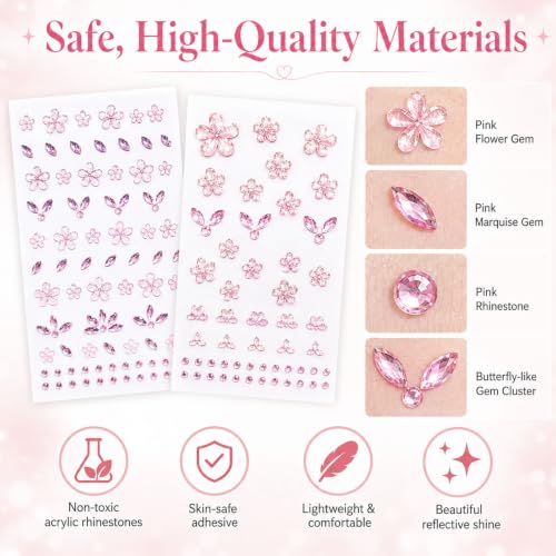 3D Pink Flower Face Gems Stickers - Self-Adhesive Rhinestone Jewels (2 Sheets)