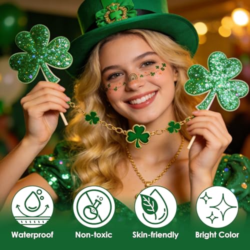 Green Glitter Face Tattoos, 12-Piece St. Patrick's Day Waterproof Stickers