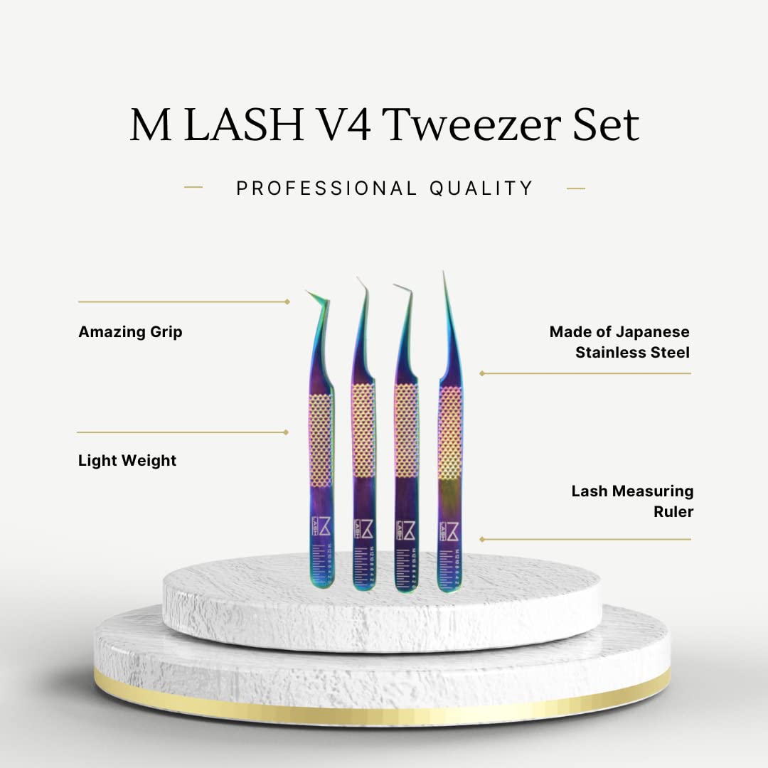 M LASH V4 - Stainless Steel Precision Eyelash Tweezers - Professional Grade Lash Applicator Tool for Meticulous Eyelash Extensions (Multi-Colored)