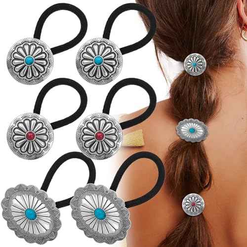 6 Pcs Western Ponytail Holders Metal Boho Hair Ties Flower Circular Hair Ropes Vintage Turquoise Concho Squash Blossom Hair Bands Decoration Accessories for Women Girls