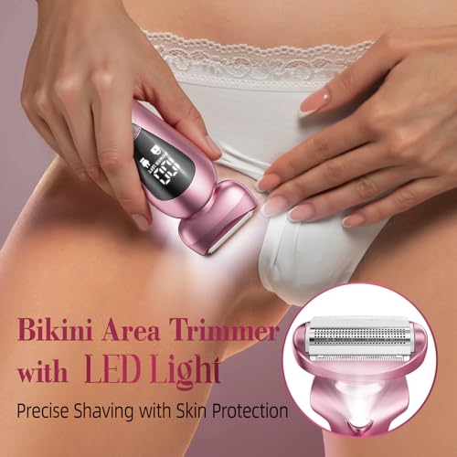 Cordless Electric Razors for Women: Rechargeable Painless Bikini Trimmer for Body Hair - IPX7 Waterproof Shaver with LED Display for Face/Underarm/Leg Blush Pink