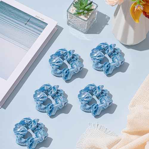 Taiyin 24 Pieces Shiny Metallic Scrunchie Solid Scrunchies Hair Ties Hair Elastics Accessories Elastic Band for Women Gym Dance Cheerleading Softball Volleyball Baseball Team(Light Blue)