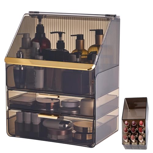 Large 3-Tier Makeup Organizer with Drawers and Lipstick Holder, Dustproof Waterproof Skincare Storage Box for Bathroom Countertop, Vanity Cosmetic Organizer,Clear Black