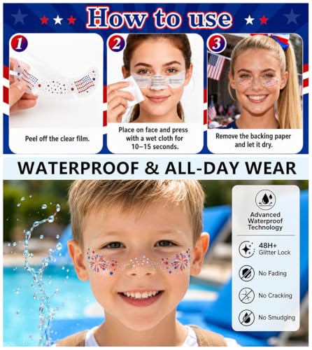 4th of July Face Gems & Glitter Freckles Tattoo Set (6+1)