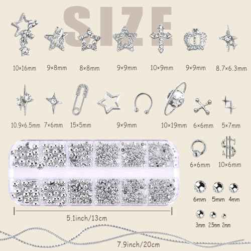 92pcs Star Nail Charms, 1 Box Silver Nail Pearls for Crafting Flat Back, Y2K Silver Metal Planet Cross for Acrylic Nail Art Rhinestones Dangling Star Nail Chains Cute Gems Manicure Decorations Bulk