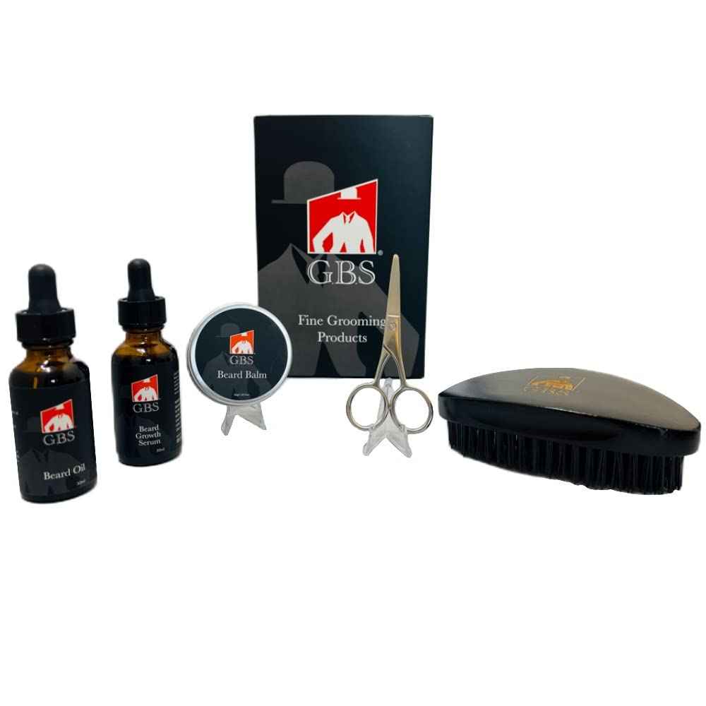 G.B.S Military Style Beard Care Set - Conditioning Oil with Jojoba, Growth Serum with Biotin and Castor Seed, Styling Balm, Trimming Scissors