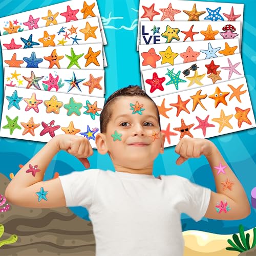 Cute Starfish Temporary Tattoos 10 Sheets 100PCS Under The Sea Party Decorations Supplies Favors Ocean Theme Birthday Cute Stickers Christmas Gifts for Boys Girls Kids Class School Prizes Carnival