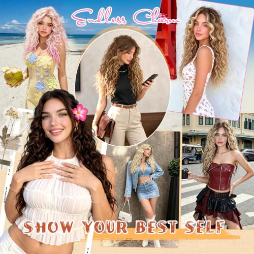 Haloo Pink Wigs for Women 21 Inch Long Wavy Curly Lace Front Synthetic Hair - Beginner Friendly