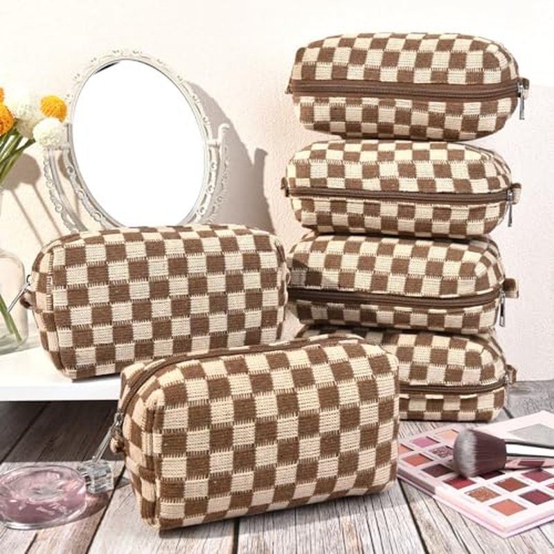 Brown Checkered Makeup Bag 7x4 - Set of 6 Cosmetic Organizers