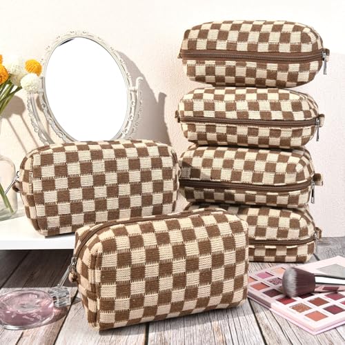 SOIDRAM Checkered Makeup Bag Preppy Cosmetic Bulk Brown Pouch