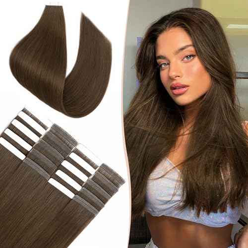 Benehair Tape in Hair Extensions Human Hair, Dark Brown Remy Hair Extensions Straight Human Hair Tape in Extensions Invisible 10pcs 20g 14 inch