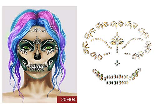 Day of the Death Face Tattoo Sticker Clown Face Jewels Tattoo Face Tattoos for Women,6-Pack