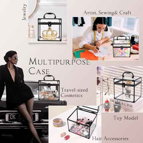 Costravio Clear Makeup Case Crown Box Toiletry Organizer Case Transparent Train Case with Latches Travel Artists Display Case for Vanity Bathroom Counter Dresser Craft Toys Case Makeup Tools Box