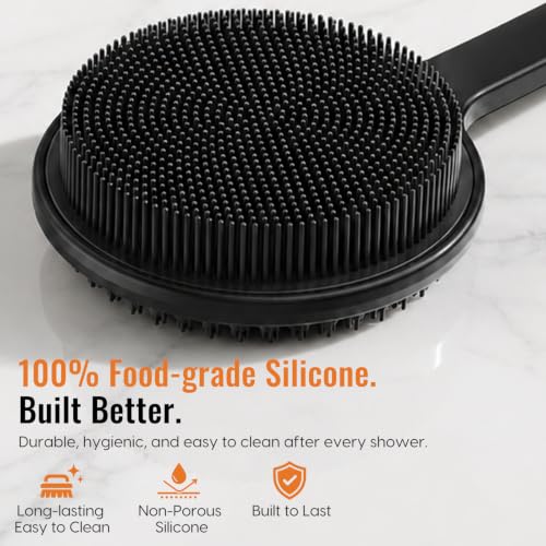 17" Silicone Back Scrubber with Long Handle Double-Sided Shower Brush