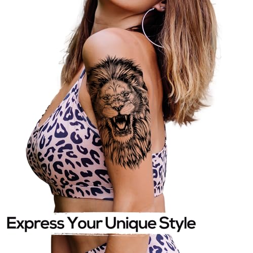 6 Sheets Realistic Lion Head Temporary Tattoos ? Fake Tattoo Stickers for Men, Women, and Teens ? Bold Lion Design for Cosplay, Parties, and Halloween