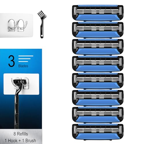 Men's Razor Blade Refills, 8 Count, 3-Layer Ceramic Coated Blades with Lubricating Strip, Matching Handle, Wall Hook & Cleaning Brush Included for Smooth Shaving