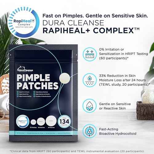 Pimple Patches for Face - 134 Count Hydrocolloid Acne Patches - Zit, Blemish, Cystic Acne Dots & Dark Spot Treatment - Invisible Clear Pimple Patch Stickers for Forehead, Chin, Nose, 3 Sizes (S, M, L)