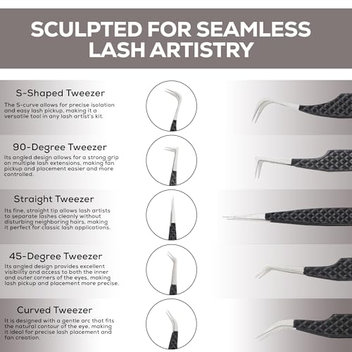 5-Piece Eyelash Extension Tweezers Set Precision Lash Tweezers with Anti-Slip Grip with fiber tip lash tweezers Tools for Lash Artists & eyelash tweezers for women (eyelash set black)