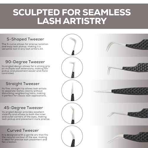 5-Piece Eyelash Extension Tweezers Set Precision Lash Tweezers with Anti-Slip Grip with fiber tip lash tweezers Tools for Lash Artists & eyelash tweezers for women (eyelash set black)