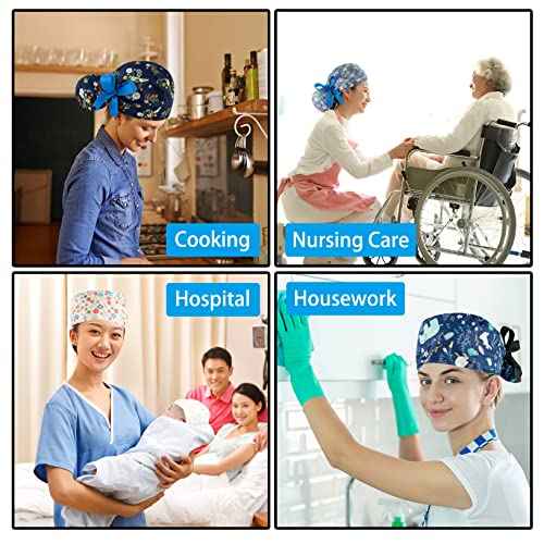 Scrub Caps Women Bouffant Scrub Hats Caps Nurses, Adjustable Working Cap Ponytail Pouch Tie Back Hats