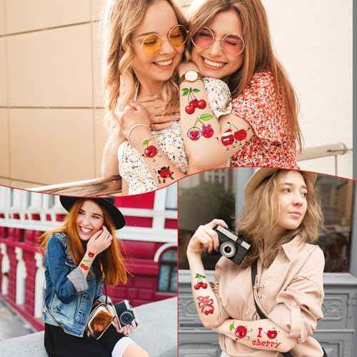 Cherry Temporary Tattoos Stickers - 200+ Cherry Birthday Decorations Cute Red Cherries Fake Tattoo Gifts for Kids Girls Funny Fruit Themed Party Favors Supplies Women Men Prizes Rewards