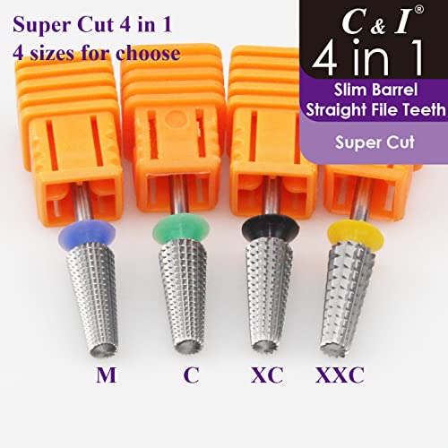 C & I Nail Drill Bit 4 in 1 Super Cut E-File, Multi-function plus Upgrade File-Teeth, Slim Barrel & Straight Cut, for Manicure Drill Machine, Help Nail Tech to Remove Nail Works (Coarse-C)