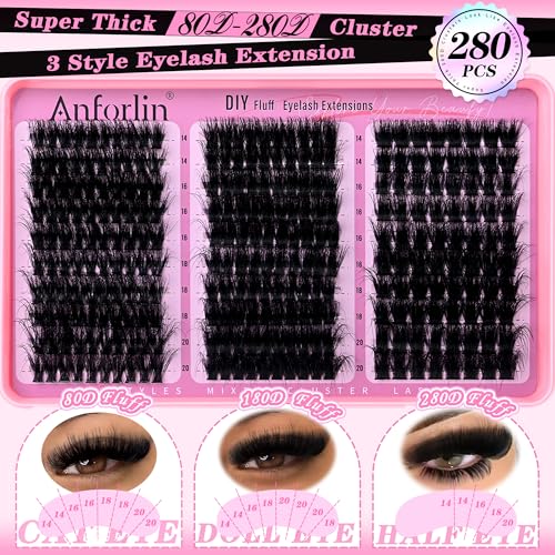 Thick Lash Clusters 14-20MM Volume Lash Extension 80D+180D+280D Eyelash Clusters 3 Styles Individual Lashes 280pcs Eyelash Extensions D Curly Lash Extension DIY at Home by Anforlin