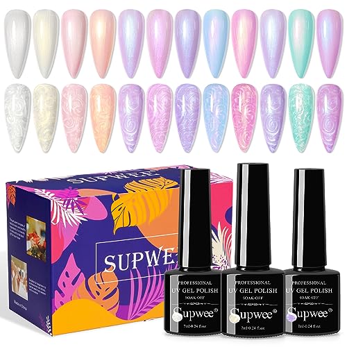 SUPWEE Pearl Gel Nail Polish - 12 Colors Shimmer Mermaid Nail Gel Polish White Pink Blue Iridescent Nail Polish Gel Soak Off UV Gel for Nail Art Polish DIY at Home