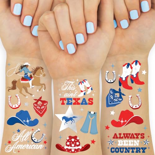xo, Fetti American Cowgirl Temporary Tattoos - 54 Silver Foil Pcs | Birthday Accessory, Western Bachelorette USA Party Favor, 4th of July Activity