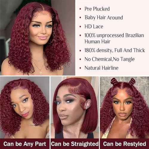 10 Inch 99J Burgundy Deep Wave Curly Bob Wig for Black Women 180% Density Human Hair 13x4 HD Lace Front Wigs