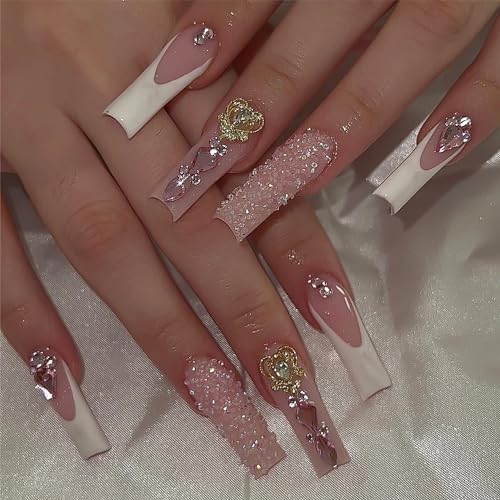 Sokfone Press on Nails French Tip False Nails Square Long Fake Nails with Heart-Shaped 3D Rhinestone Charm Designs Acrylic Nails Full Cover Nail Decorations Stick on Nails for Women 24Pcs